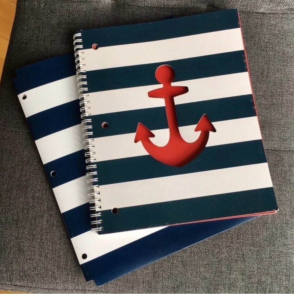 Nautical Anchor on Stripe Notebook + Folder Stationery Set, Navy, White, Red